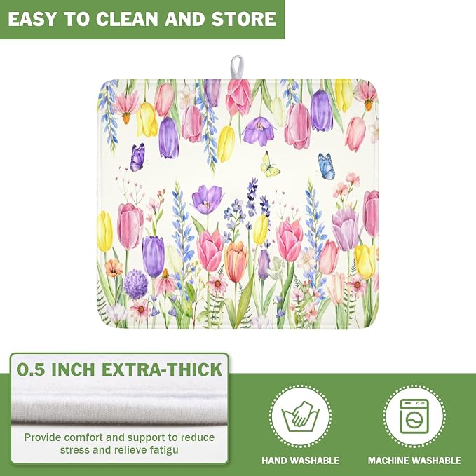 Spring Floral Dish Drying Mat for Kitchen Counter Easter Tulip Lavender Flower Microfiber Dish Drainer Mat Rustic Farmhouse Absorbent Washable Drying Pad 16"x18"
