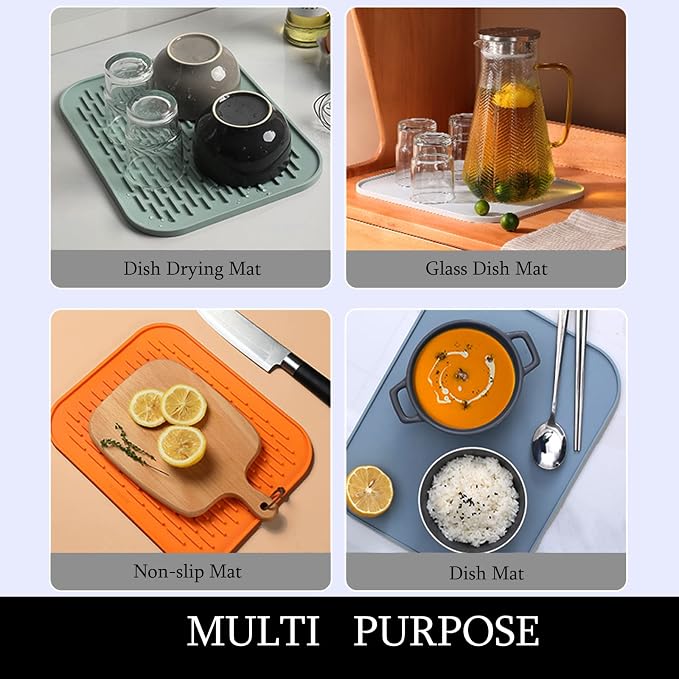 Dish Mat Silicone Dish Drying Mats Works For Drying Stemware Cocktail Glasses Silverware Pots Pans Knives and Dish Rack for Kitchen Counter Sink Bar Pads Easy to Clean (M (11.5" x 9.1") Green)
