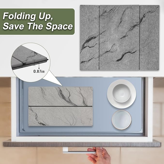Dish Drying Mat Large Stone Dish Drying Mat For Kitchen Counter Collapsible Quick-Drying Sleek Diatomaceous Versatile Stone Drying Mats For Cups Dishes Bottles Marble (gray, 16"×19")