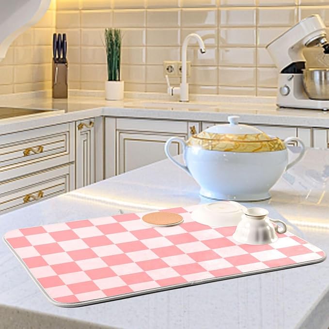 Buffalo Plaid Pink Dish Drying Mat for Kitchen Countertop 16x18 Chessboard Rectangle Small Drying Mat Reusable Quick Dry Dish Sink Absorbent Mats Dishwasher Easy Clean Decorative Home Essentials