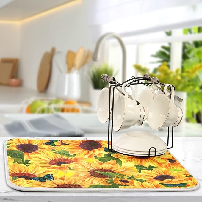Super Absorbent Dish Drying Mat, Microfiber Fast-Drying Dish Mat, 16" x 18", Kitchen Dish Drying Pad, Sunflowers And Green Blue Butterflies
