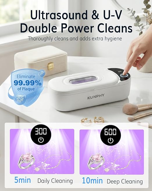 KUNPHY 48kHz Ultrasonic Jewelry Cleaner, Ultrasonic Cleaner | 2026 Upgraded Design, 400ml Tank, 2 Digital Timers, Touch Operation, for Eyeglasses Watches Silver Gold Diamond Rings