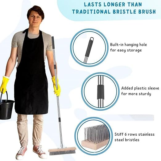 Heavy Duty Stainless Steel Wire Scrub Brush with Long Handle Moss Remover Wire Broom for Patio Deck Garden Garage, Outdoor Floor Scrub Brush (30cm / 11.8in)