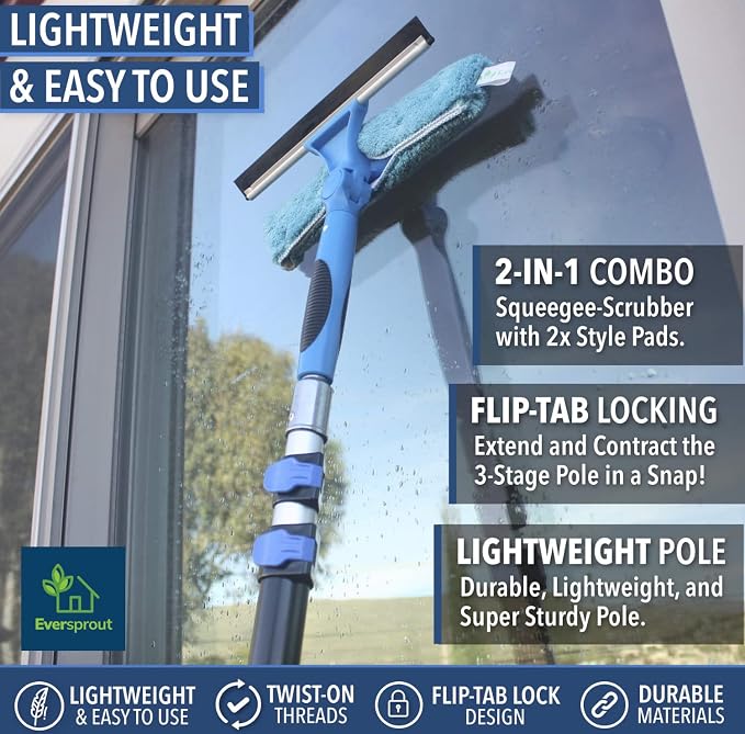 EVERSPROUT Swivel Squeegee & Microfiber Window Scrubber, 5 to 12ft Pole | 2-in-1 Window & Glass Cleaning Combo, Swivels to 7 Angles, 10-inch Blade, 20ft Standing Reach, Machine Washable, Non-Slip