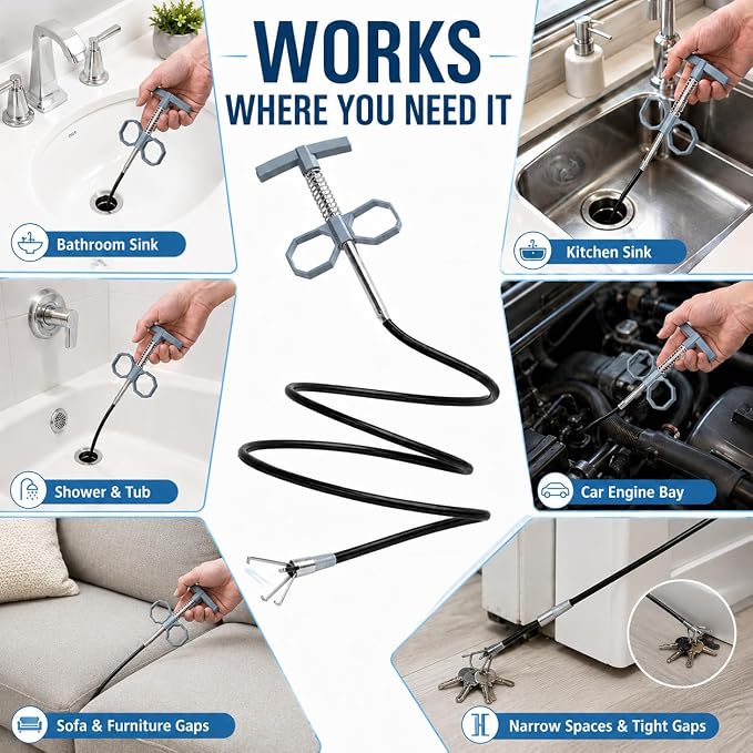 76 Inch Drain Snake Upgraded Ergonomic Grip – Toilet Snake Flexible Grabber Claw for Clog Remover & Pick Up Small Items