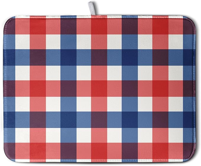4th of July Dish Drying Mat Patriotic Buffalo Plaid Drying Mats for Kitchen Counter Absorbent Microfiber Dish Drainer Pad Independence Memorial Day Dish Draining Mat 18x24 Inch