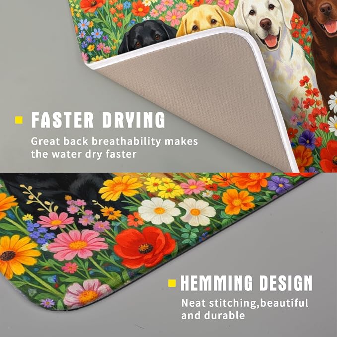 Flower Dog Dish Drying Mat Spring Floral Microfiber Absorbent Dish Drying Pad for Kitchen Counter