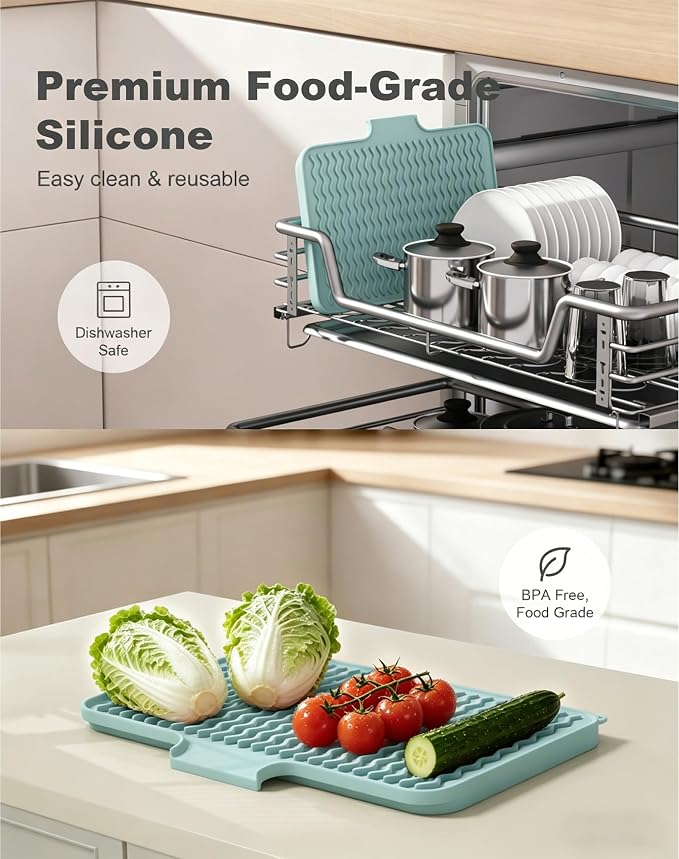 Rnivvi Silicone Dish Drying Mat for Kitchen Counter, 16 x 12" Drainer Pad with Drainage Spout, Non-Slip Countertop Protector Heat Resistant Trivet, Dish Rack Mat for for Sink Dishes, Shadow Green