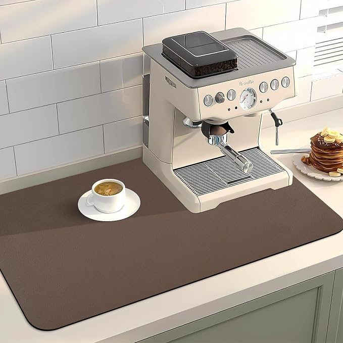 Coffee Mat for Countertop, 17“ x 31.5” Super Absorbent Coffee Bar Mat, Kitchen Counter Mats Fits Under Coffee-Maker, Kitchen Accessories for Espresso Machine Dish Drying Rack, Brown