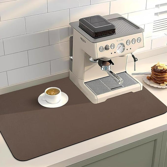 Coffee Mat for Countertop, 17“ x 31.5” Super Absorbent Coffee Bar Mat, Kitchen Counter Mats Fits Under Coffee-Maker, Kitchen Accessories for Espresso Machine Dish Drying Rack, Brown