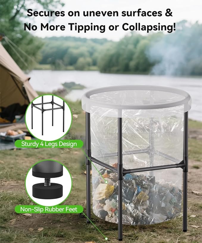 Garden Trash Bag Holder, 30-55 Gallon Outdoor Leaf Bag Holder, L | Lawn Yard Waste Bag Stand Metal Frame Holders with Adjustable Feet, Detachable Legs for Leaves, Yard Waste, Camping (L)