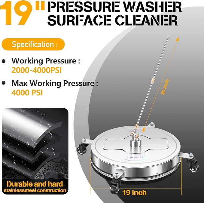 LidoDola 19'' Pressure Washer Surface Cleaner, Power Washer Accessory | Stainless Steel Housing with 4 Wheels, 1/4" QC, 2 Extension Wands & 2 Replacement Nozzles, for Gas & Electric Pressure Washer