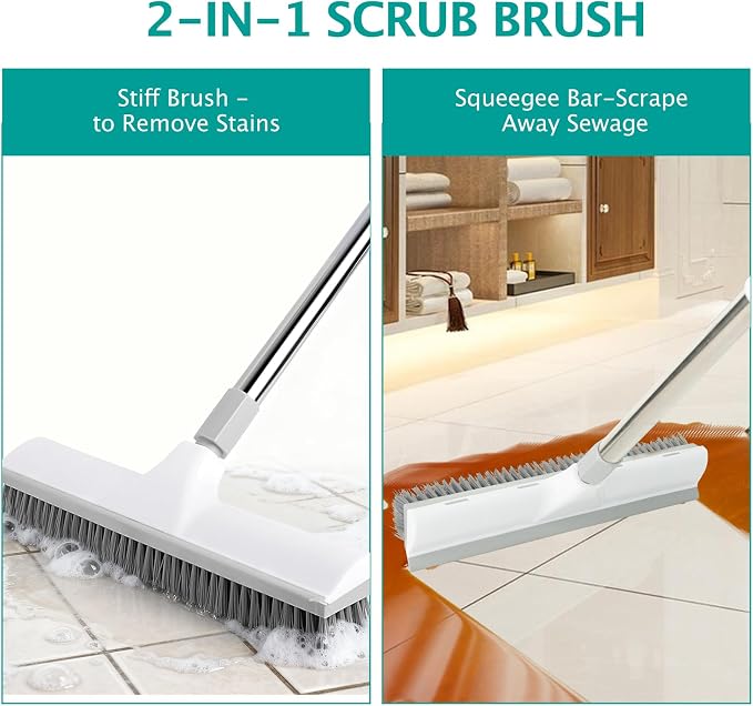 2-in-1 Floor Scraping Brush, 59.8" Long-Handled, White | Adjustable Floor Brush,Suitable for Kitchen,Bedroom, Shower Room,Floor,Tile Patios,Outdoor Patio,Terrace
