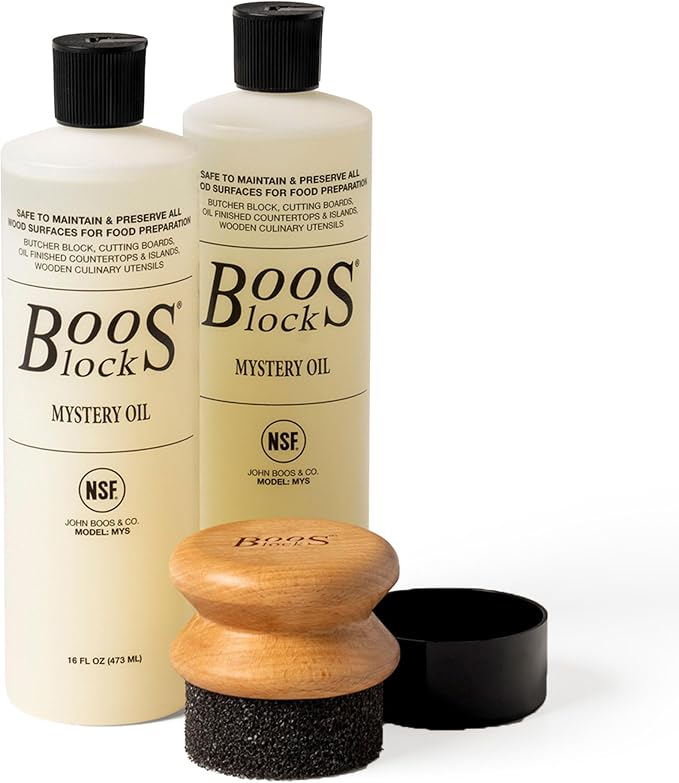 John Boos 3-Piece Care Set, 2-Pack 16 oz Mystery Oil & Round Beechwood Applicator - All-Natural Maintenance Formula for Butcher Blocks, Wooden Countertops & Wood Utensils