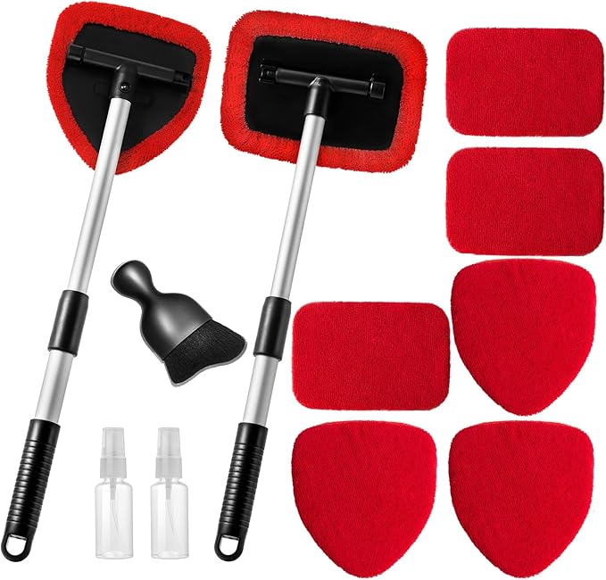 Qydipclin 11pcs Windshield Cleaner Tool, Car Window Cleaning Wash Kit with 6 Reusable Microfiber Pads 2 Spray Bottles and Extendable Handles Auto Glass Wiper Kit, Red