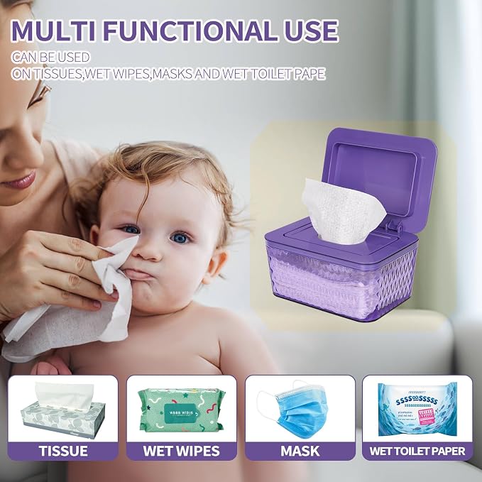 Wipes Dispenser, One-Handed Operation Wipe Holder for Baby & Adult, Seal-Designed Wipes Container for Bathroom Keep Diaper Wipes Fresh (Purple)