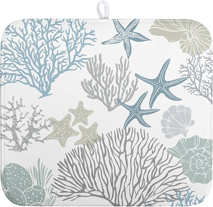 Summer Dish Drying Mat 16×18 Inch Coastal Nautical Kitchen Drying Mats Blue Gray Ocean Microfiber Dish Pad Heat Resistant Absorbent Dish Rack Mat for Home Kitchen Counter Decor