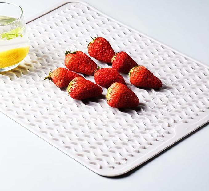 Large 17" x 14" Silicone Dish Drying Mat for Kitchen Counter, Easy clean, Quick Dry, Heat-resistant Dish Drainer Mat for Sink,Refrigerator or Drawer liner (Food Grade Silicone-White)