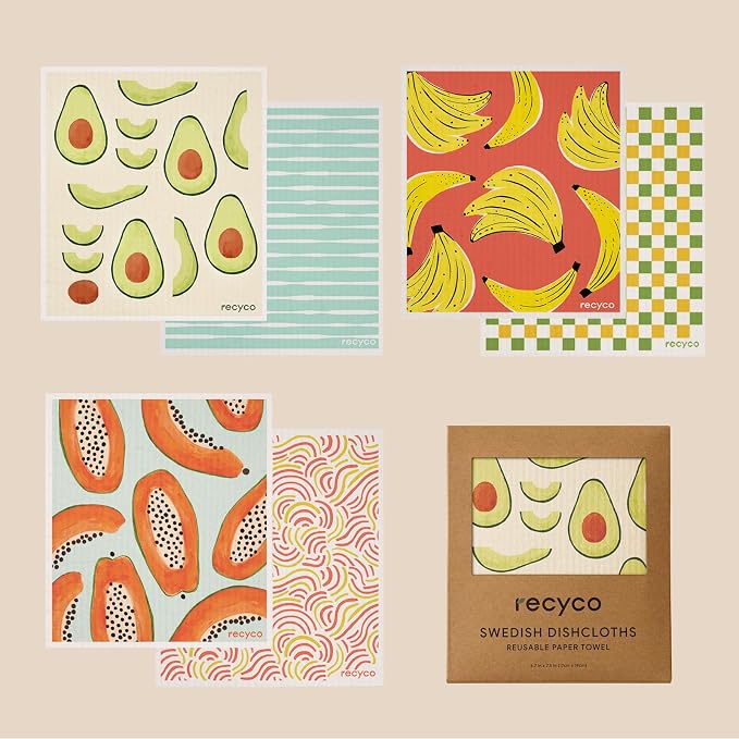 RECYCO Swedish Dishcloths for Kitchen | 6 Packs Fruit Joy Washable Dish Rags | Cellulose Reusable Cleaning Paper Towels | Absorbent Counter Dish Cloth Sponge Kitchen Wipes, 8" L x 7" W