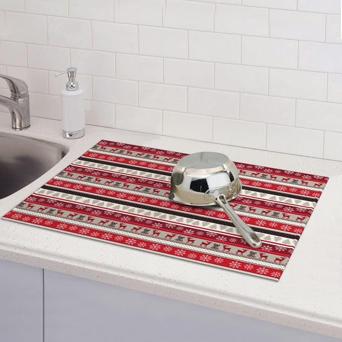 Christmas Dish Drying Mat for Kitchen Counter Cute Kitchen Christmas Dish Mat Microfiber Kitchen Countertop Absorbent Reversible Drainer Rack Pad