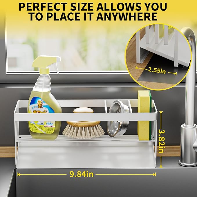 Kitchen Sink Caddy Organzier with Sponge Holder and Removable Drip Tray for Kitchen Sink, 304 Stainless Steel Organize for Sponge Soap Dish Brush Storage Accessories(White)