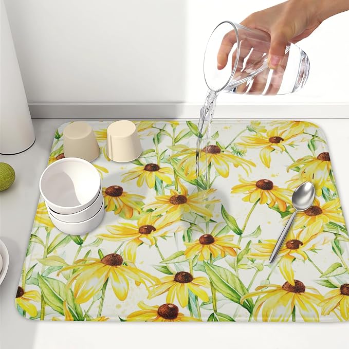 Yellow Sunflower Dish Drying Mat for Kitchen Counter 16x18 Inch | Floral，Polyester，Absorbent Microfiber，for Coffee Dining Bar Decor