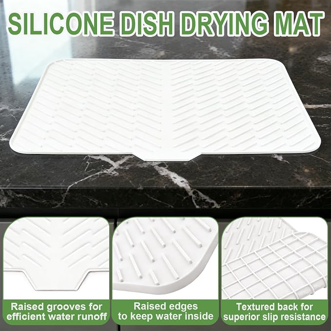 Silicone Drying Mat, 23"X17" With Built-in Drain Lip,Heat-Resistant,Eco-friendly,Hygienic Drying Pad,Leak-Proof and Non-Slip,Silicone Dish Drying Mat for Kitchen Counter or Sink（White 23X17）