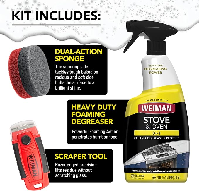 Weiman Heavy Duty Stove and Oven Cleaner 3 Piece Total Clean Kit, For Baked on Grease, Grime, Carbonized Food, Includes Foaming Cleaner (24oz), Precision Razor Tool, Dual-Action Scrub & Shine Sponge