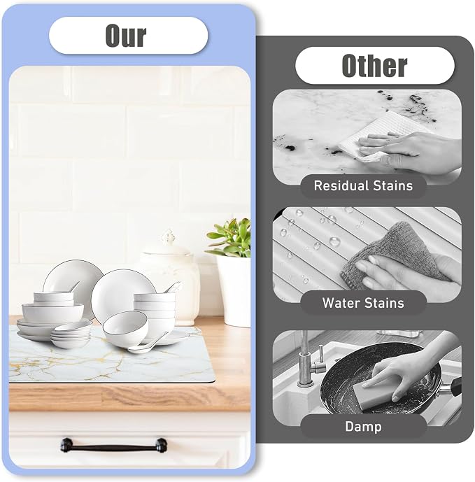 Sofort Dish Drying Mat for Kitchen Counter, Gold White Marble Dish Drying Pad with Non-slip Rubber Backed, Super Absorbent Drying Mats for Dish Rack, Coffee Maker 16 x 24 Inches