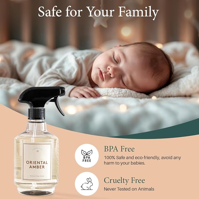 Chakra Freshener Fabric Spray - Long-Lasting Multi-Purpose Laundry Scent for Bedding, Clothes & Home Fabric Deodorizer, Luxury Room Deodorizer, Linen Spray w/Trigger, 16.9 fl oz, Oriental Amber