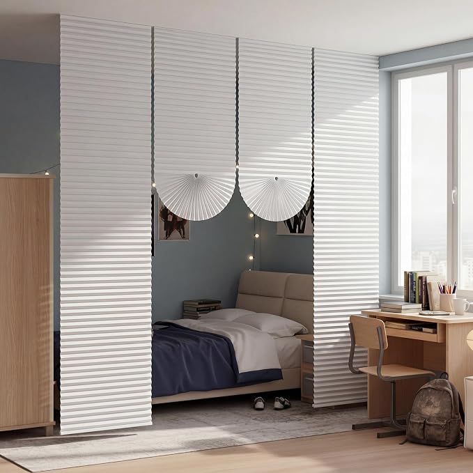 Threehoney 4 Pcs No Drilling Dorm Room Divider 10 x 9.8 ft Non Woven Pleated Blinds for College Dorm Room Separation Adjustable Temporary Light Filtering Privacy Screen Wall Divider for Home Bedroom