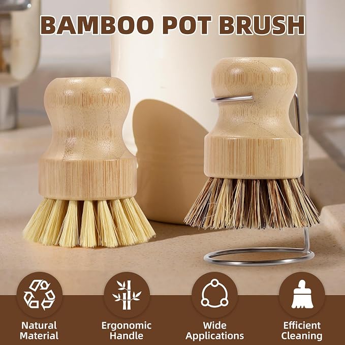 SAMEBUTECO 6-Piece Bamboo Dish Brush Set with 2X Fast-Dry Stainless Steel Holder,3xNatural Sisal Bristle Brush & 1xPalm Bristle Kitchen Cleaning Brushes for Dishes, Pots, Pans & Sink