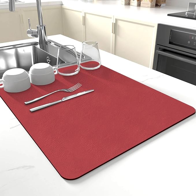 Dish Drying Mat for Kitchen Counter,Drying Mat for Dish Rack,Absorbent Hide Stain Rubber Mat,Coffee Mat, Kitchen Counter Mat(Red, 17"x31.5")