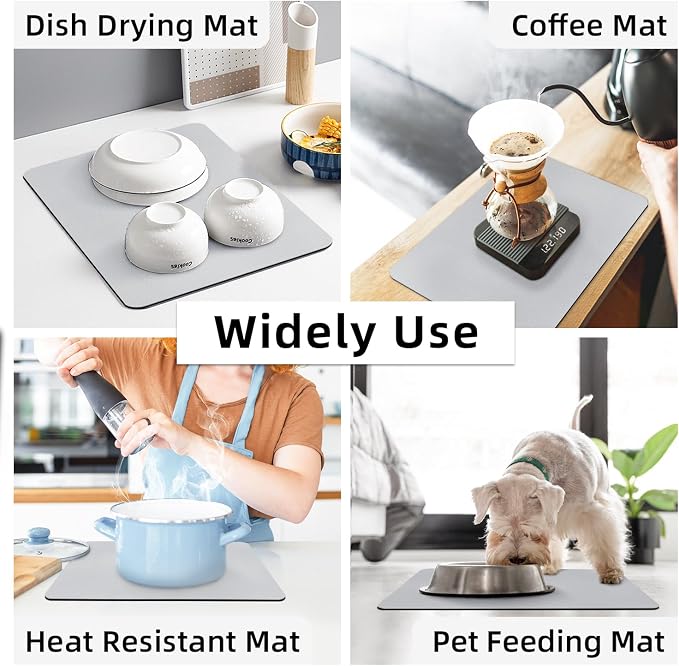 LOPNUR Kitchen Dish Drying Mat, 18"x16" Small Dish Drying Mats for Kitchen Counter, Diatomite Coffee Mat, Super Absorbent Dish Drying Pad, Heat Resistant Mat with Anti-slip Rubber Backed, Light Grey