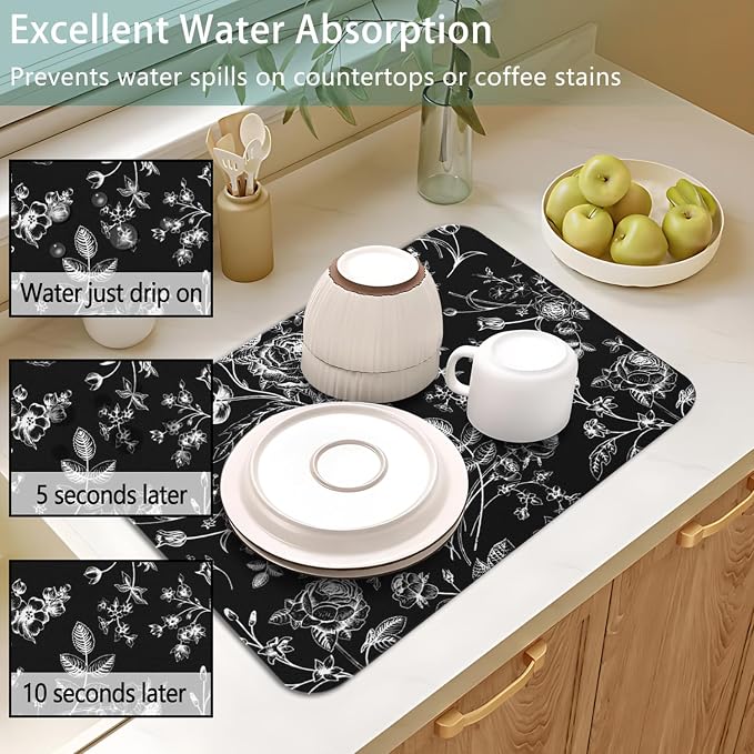 Dish Drying Mat 2-Pack in Black White Floral for Kitchen Counter Dishes | Diatom Mud Mats (18x24, 19.5x12"). Non-slip rubber back for kitchen counter, coffee bar & sink scenes