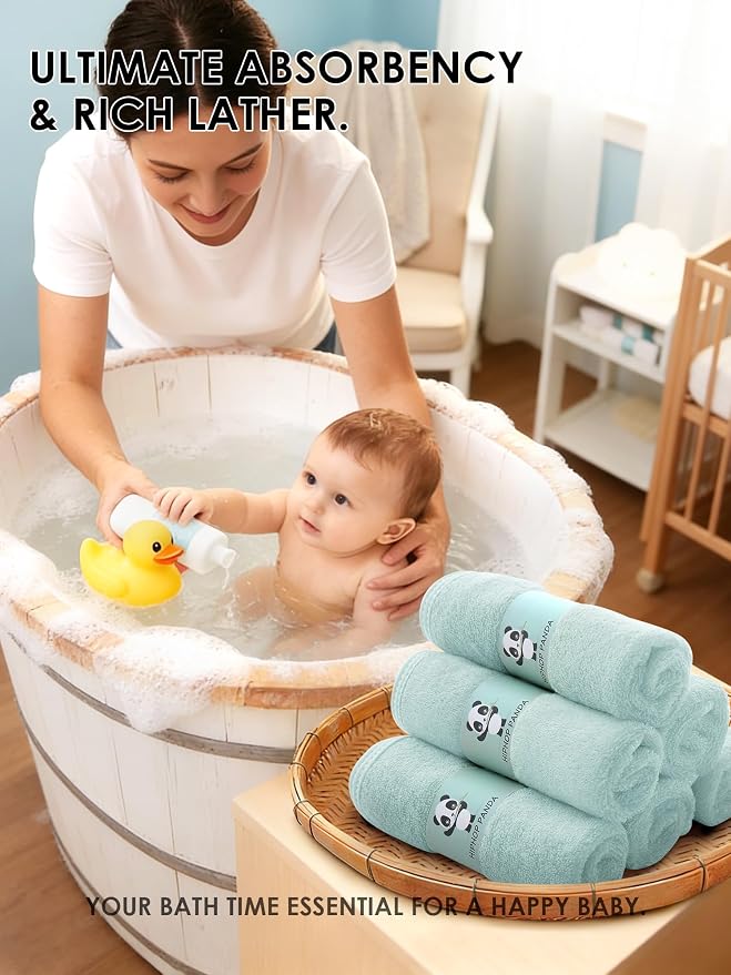 HIPHOP PANDA Baby Washcloths, Rayon Made from Bamboo - 2 Layer Ultra Soft Absorbent Newborn Bath Face Towel - Reusable Baby Wipes for Delicate Skin - Green, 6 Pack