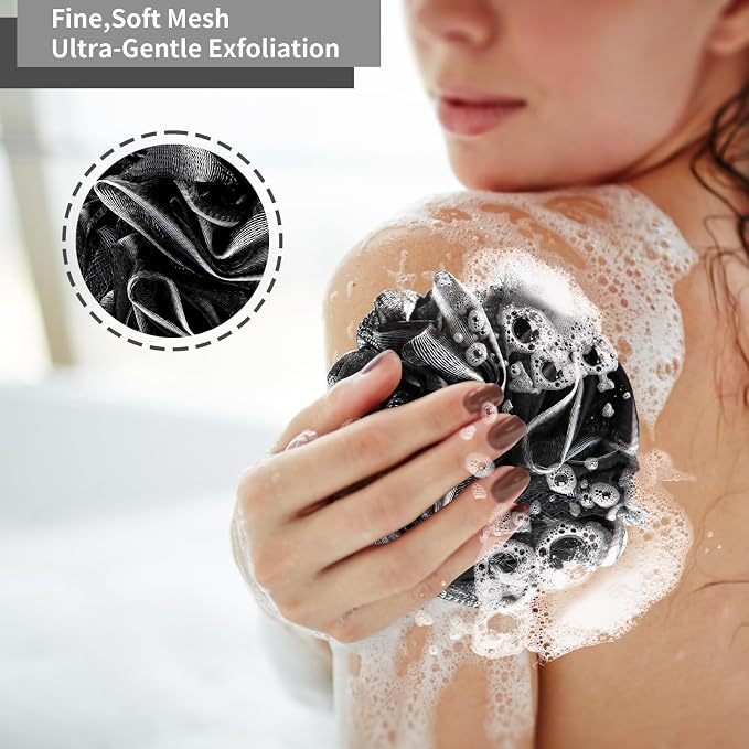 BCKENEY Bath Loofah Shower Sponge Body Back Scrubber Soft Mesh Shower Puffs Exfoliating Loofa for Women & Men Bath Accessories Cleaning Tool (4Pack 60G Black, Charcoal Black)