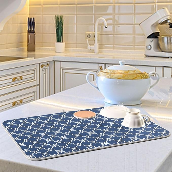 Super Absorbent Dish Drying Mat Microfiber Fast-Drying Dish Mat 16" x 18" Kitchen Dish Drying Pad Watercolor Cute Navy Blue Moroccan