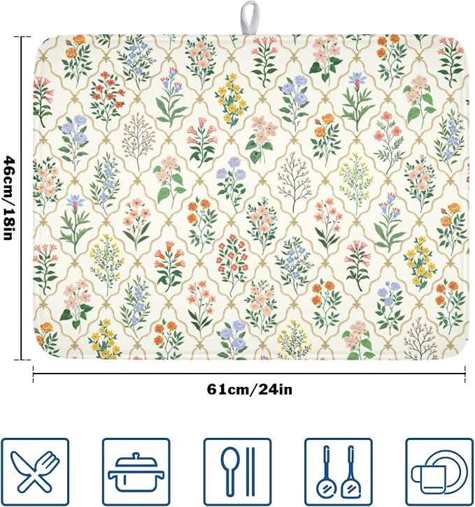 Floral Dish Drying Mat for Kitchen Counter Spring Summer Wild Flowers Diamond Pattern Microfiber Dish Drainer Mat Rustic Absorbent Washable Drying Pad Extra Large 18"x24"