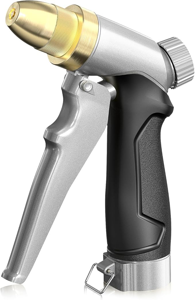 RAINPOINT Garden Hose Nozzle, 100% Heavy Duty Metal Hose Sprayer, High Pressure Water Hose Nozzle with Adjustable Spray Patterns and Flow Control for Watering Plants, Car Washing, Pet Washing, Silver