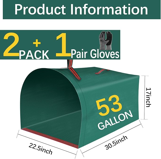 2Pack 53 Gallon Heavy duty reusable patio bags, thickened stand-up lawn bags for collecting garden leaves and trash, lightweight and portable
