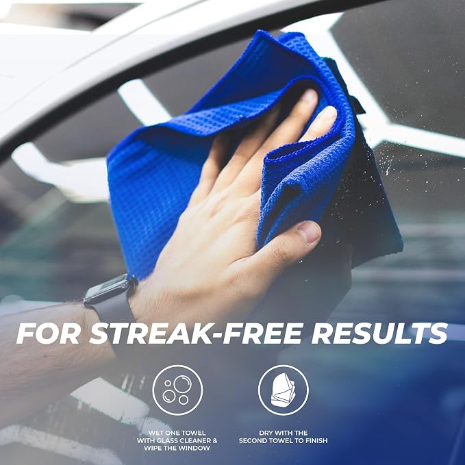 The Rag Company - Standard Waffle Weave Microfiber Towels (2-Pack) Detailing, Window, Glass and Drying, Wax & Polish, Lint-Free, Streak-Free, 370gsm, 16in x 24in, Royal Blue