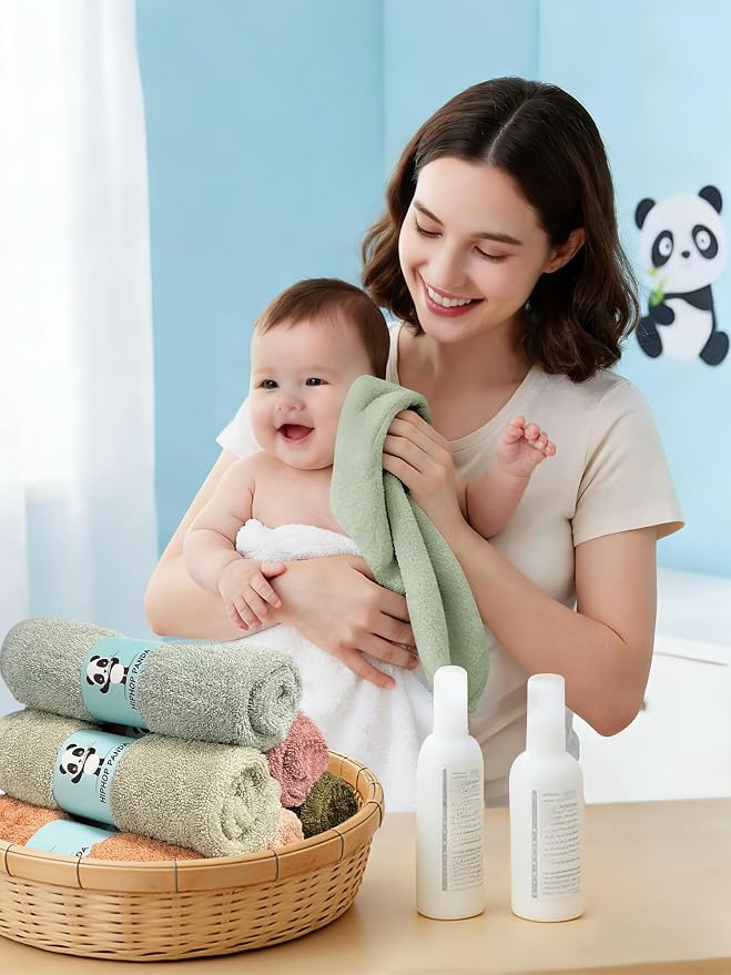 HIPHOP PANDA Baby Washcloths, Rayon Made from Bamboo - 2 Layer Ultra Soft Absorbent Newborn Bath Face Towel - Reusable Baby Wipes for Delicate Skin - Boho Earth Tones, 30 Pack