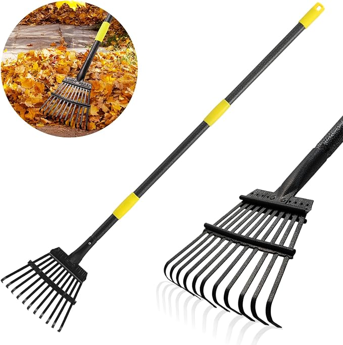 Leaf Rake, Small Rake for Leaves with 30"-60" Adjustable Long Handle, 11 Tines 8.5" Wide, Metal Rakes Heavy Duty for Lawns, Gardening, Yard, Camping, Shrub, Grass, Bush, Weed, Debris