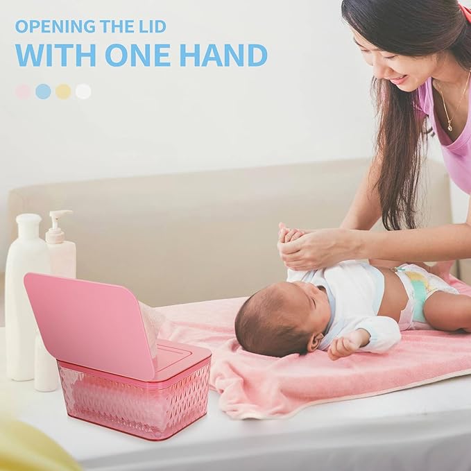 Wipes Dispenser, One-Handed Operation Wipe Holder for Baby & Adult, Seal-Designed Wipes Container for Bathroom Keep Diaper Wipes Fresh (Pink)