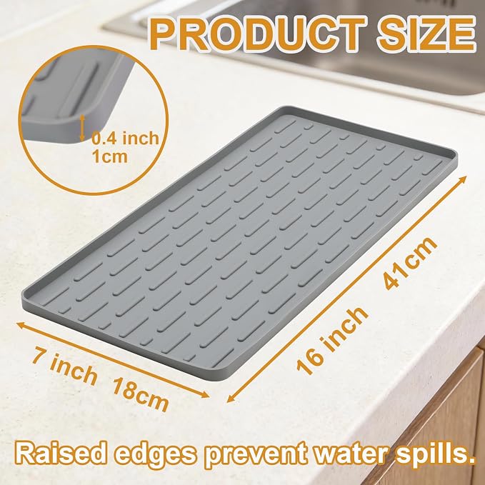 Silicone Coffee Mat, 16"X7" Heat-Resistant,Eco-friendly,Hygienic Drying Pad,Leak-Proof and Non-Slip,Removable Silicone Mat with Concave and Convex Design,（Gray 16X7）