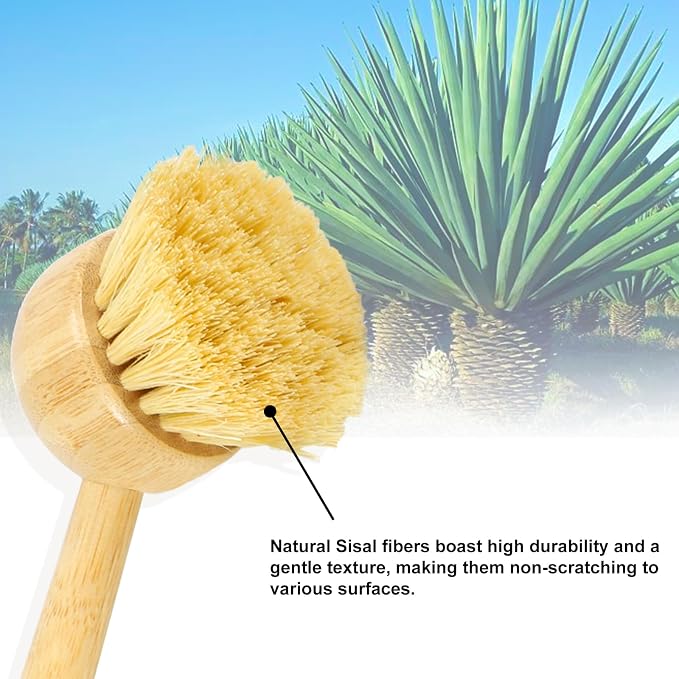 2 Pack Natural Kitchen Dish Brushes with Sisal & Palm Bristles, Long Bamboo Handle Scrubber for Dishes, Cast Iron Pans Pots and Vegetable Cleaning