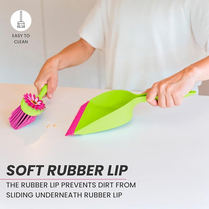 Vigar Flower Power Dust Pan and Brush Set - Mini Broom and Dustpan Set, Handheld Broom and Dustpan Set With Whisk Broom, Small Dustpan and Brush Set, Compact Indoor Sweeper for Countertop - Pink Green