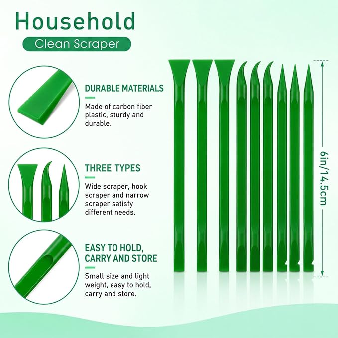 Crevice Cleaning Tool, 9 PCS Carbon Fiber Plastic Scraper Tool Set for Car Detailing | Non-Scratch Multi-Purpose Scraper for Small Narrow Spaces, Gaps, Label Sticker Remover and Detail Cleaning - Green