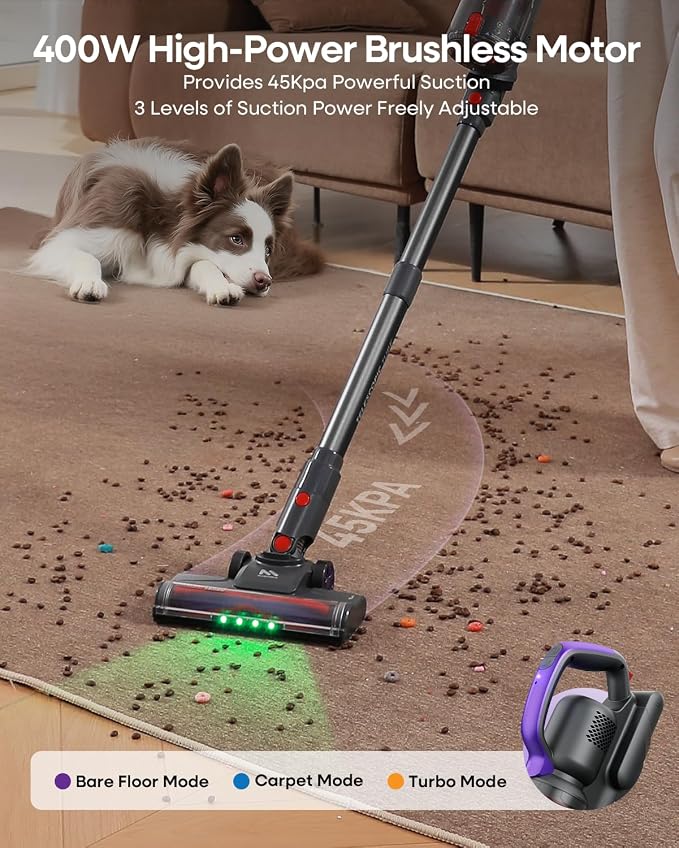 AlloyMove Cordless Vacuum Cleaner 45KPA, Up to 60mins Runtime Lightweight Powerful Suction Vacuum Cleaners for Home, 3 Suction Modes, Rechargeable Stick Vacuum for All Floor/Carpet/Pet Hair/Car, A03
